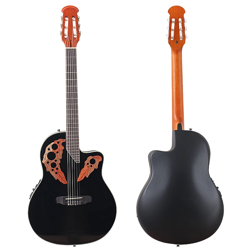 Класическа китара с 6 струни, кръгла задната част, модел Ovation, черен Размер силует за китара клас 39 инча, черно и натурален цвят