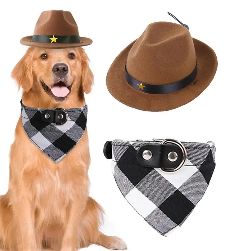 Ковбойская шапка за котки, триъгълен шал, Ковбойская шапка и шал-кърпа за кучета, мек и регулируем гъвкав комплект костюми за домашни любимци