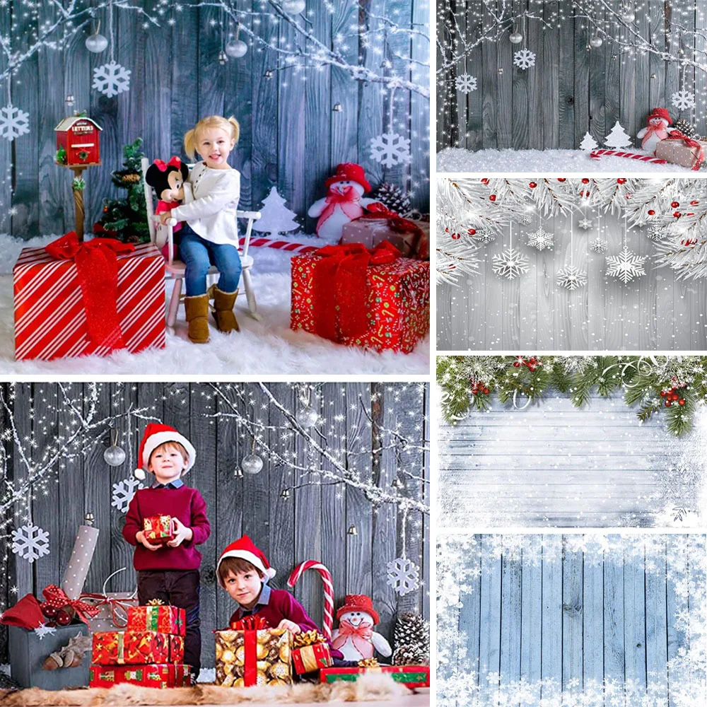 Коледен Тематичен фон Подарък под формата на Снежинки, Снежен човек, Клон на Дърво, Модел на бор, Червен Дървен Фон за снимки във фото студио