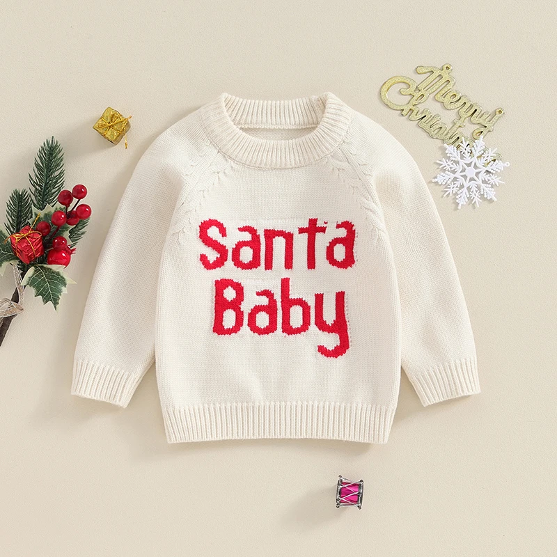 Коледно облекло за новородени Момчета и момичета Пуловер с дълъг ръкав и кръгло деколте и буквенной бродерия, вязаный пуловер