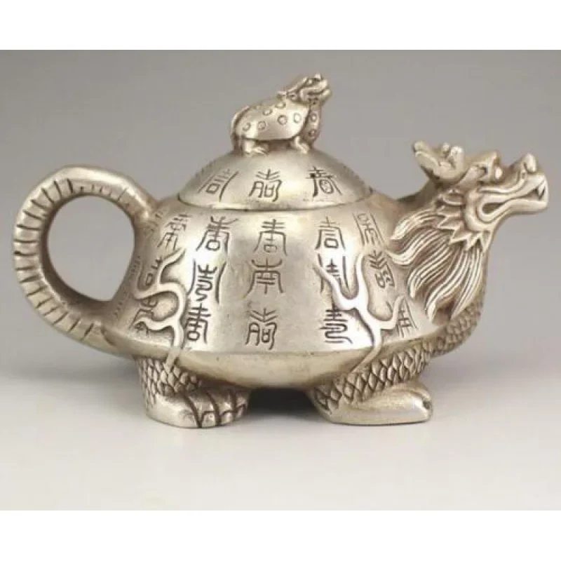 Коллекционный древен тибетски сребърен чайник, ръчна изработка с дракон и костенурка