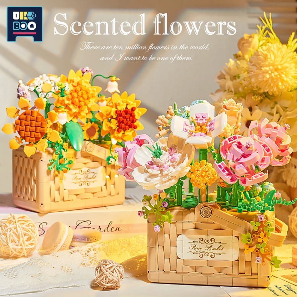Кошници за цветя в саксии, кошница за цветя с рози, слънчогледи, ваза за букет с лилави ромашек, Поддържани строителни блокове, подарък за рожден ден за момичета