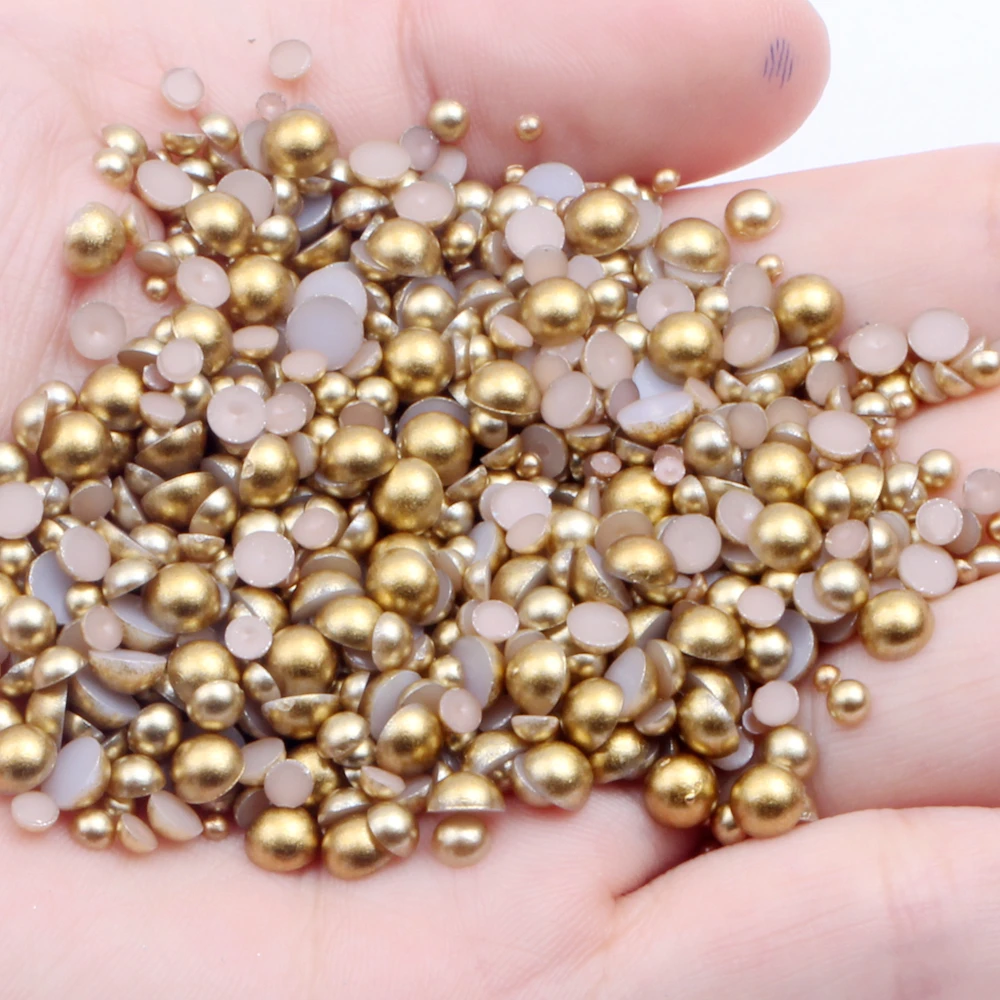 Кристали от матово златен смоли с дебелини от 2 до 12 мм и смесени размери, за които не се изисква коригиране, полукръгли перлени мъниста за дизайн на нокти, декорации за раници