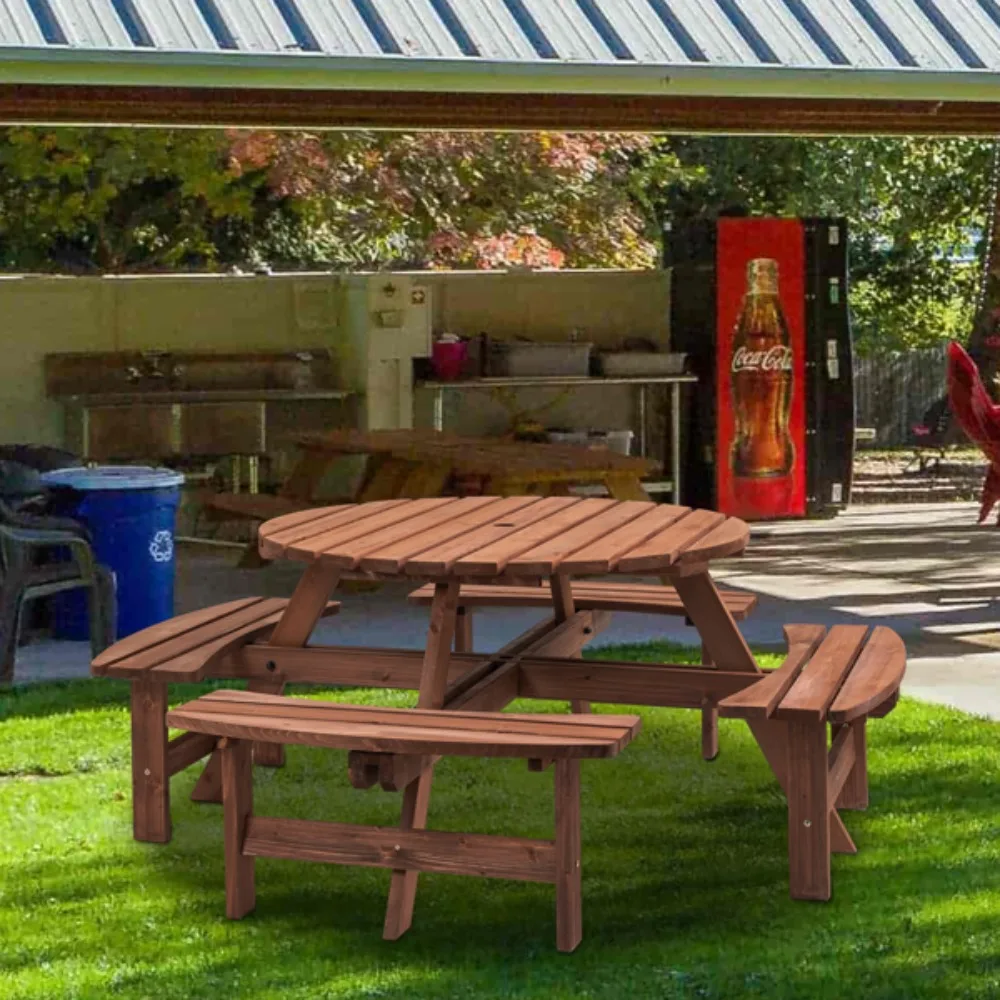 Кръгла дървена маса за пикник за 8 човека с 4 вградени пейки за двора, градината в задния двор, сив