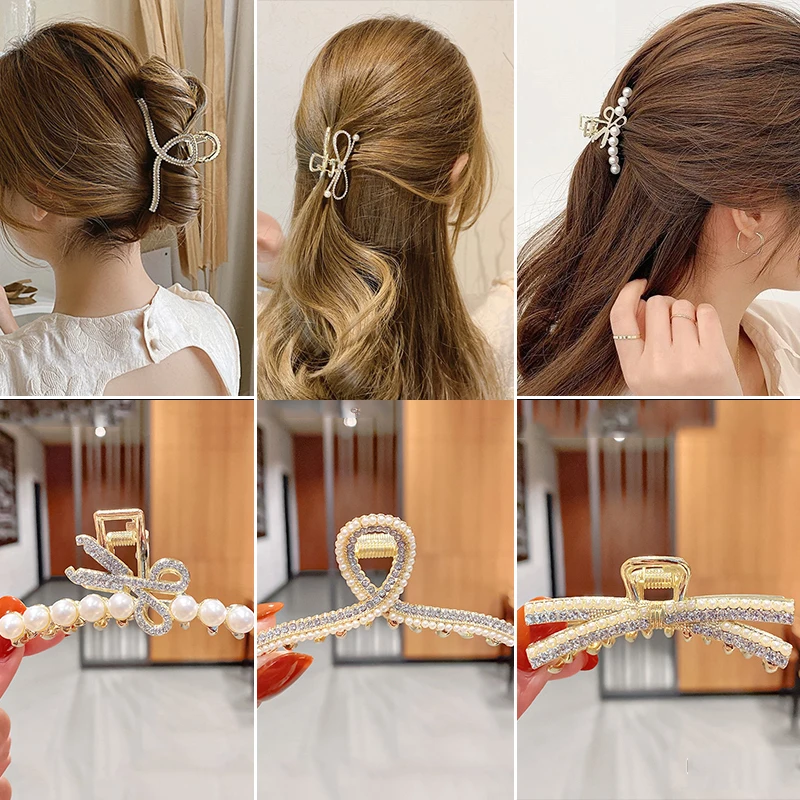 Кръстосан перла нокът за коса за жени 2022 Мода Crystal Crown раци Фиби за коса-Аксесоари за коса за момичета Корея шнола за коса