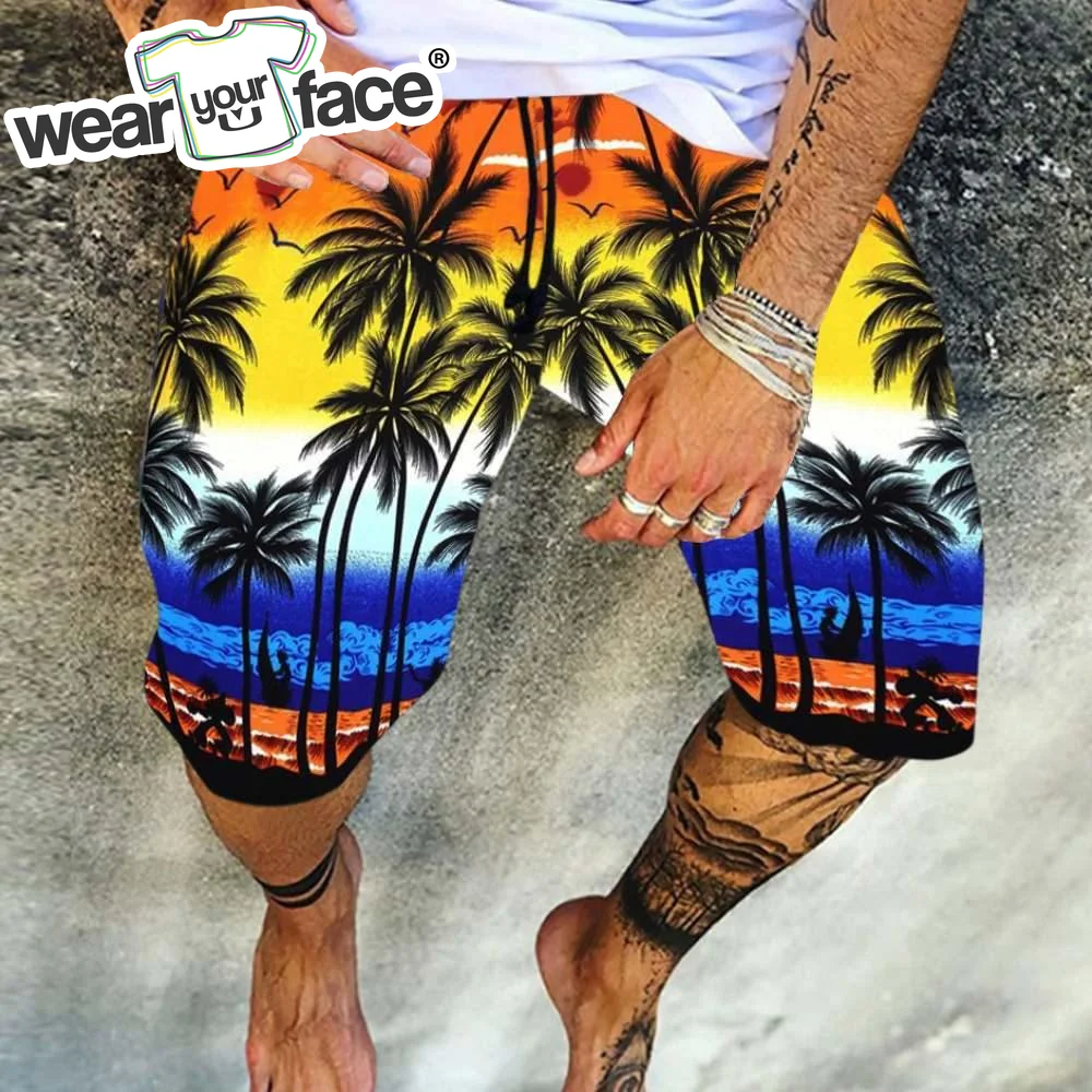 Летни къси панталони с 3D принтом Sunset Palm Trees, модерни плажни мъжки бермуди, ежедневни кратки домашни къси панталони-карго Унисекс, директна доставка