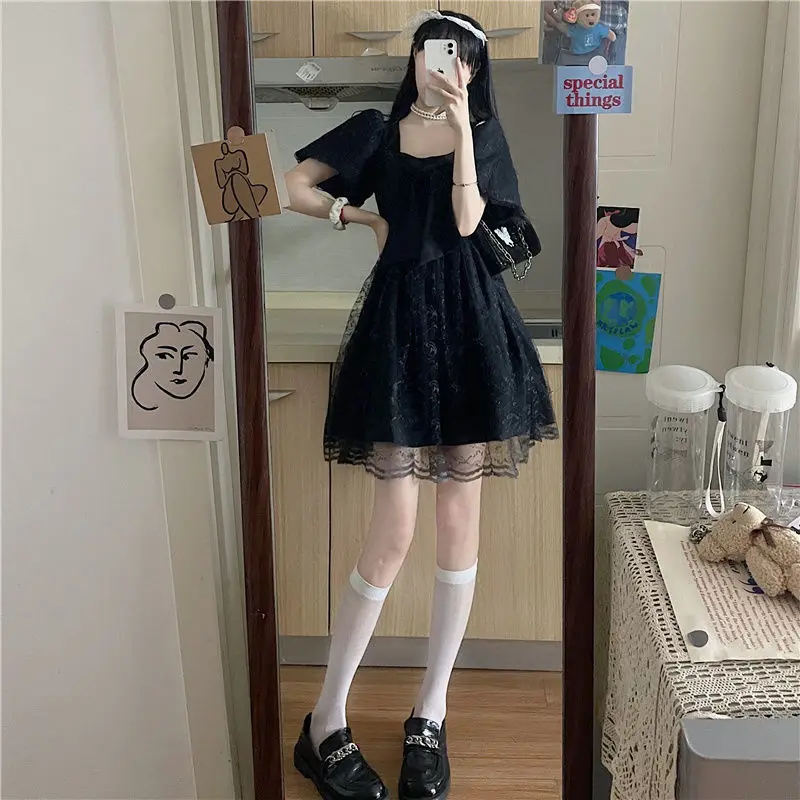 Летни Черни дантелени мини рокли 2022 г. за жени и момичета, Корейската мода Тюлевое плиссированное рокля Fairycore Облекло Градинска дрехи с висока талия