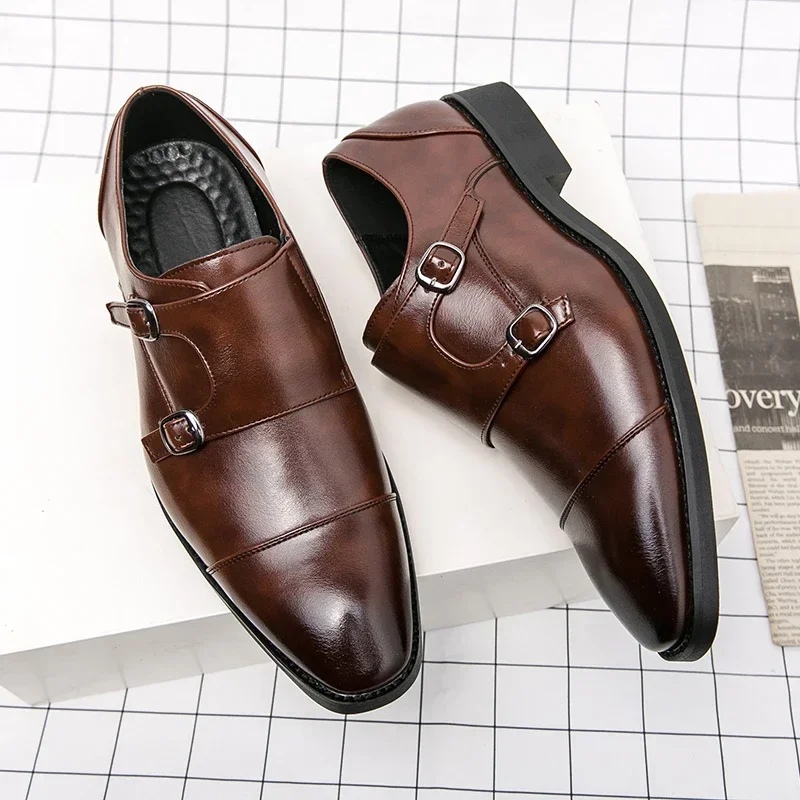 Лоферы Мъжки от изкуствена кожа на нисък ток с двойна катарама, една стъпка конверсия на Кожени обувки с квадратна глава, Бизнес Официалната обувки, Класически Големи размери 38-48