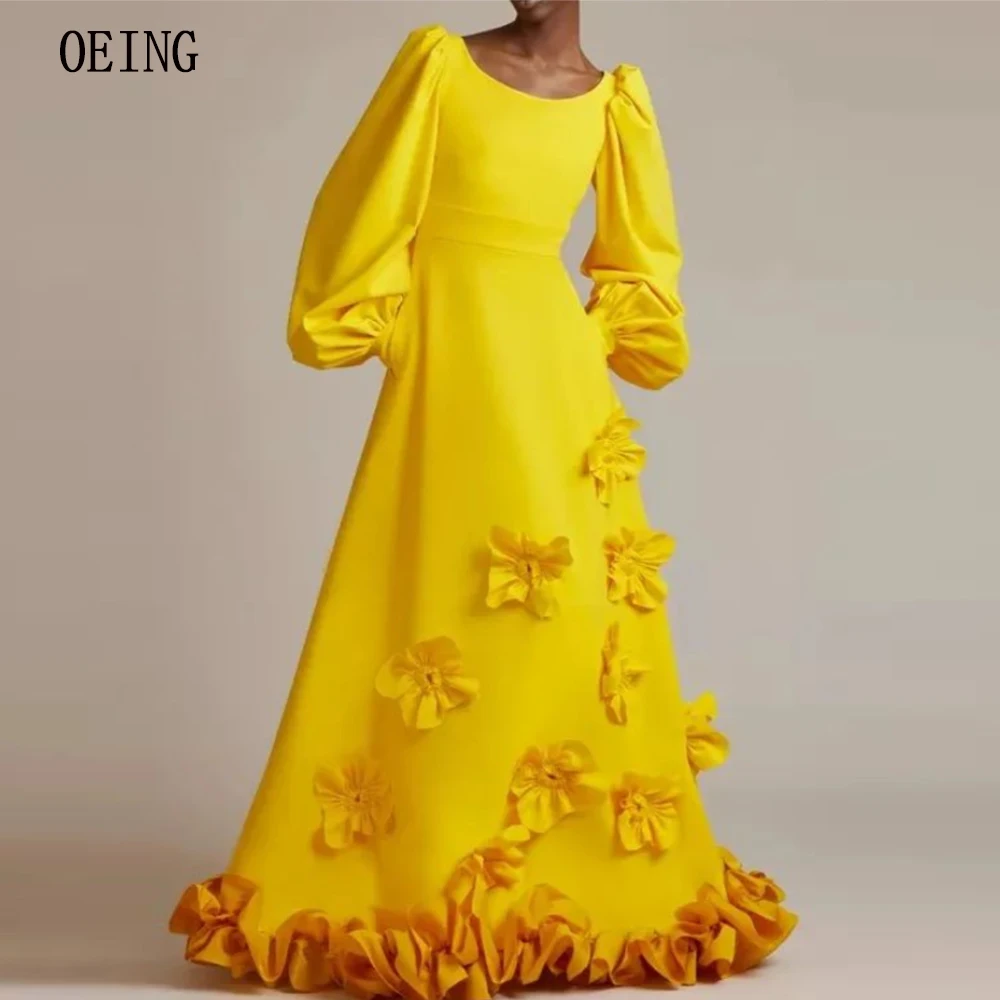 Луксозни Вечерни Рокли OEING Yellow 3D Flowers 2024 С Дълги ръкави И Набори, Рокля За Бала