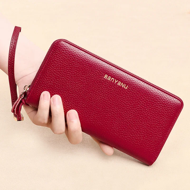 Луксозни модерни портмонета от естествена кожа, за жени, червен портфейл, женски чантата си за телефон, дълъг портфейл, фирмен дизайн, държач за карти, клатч