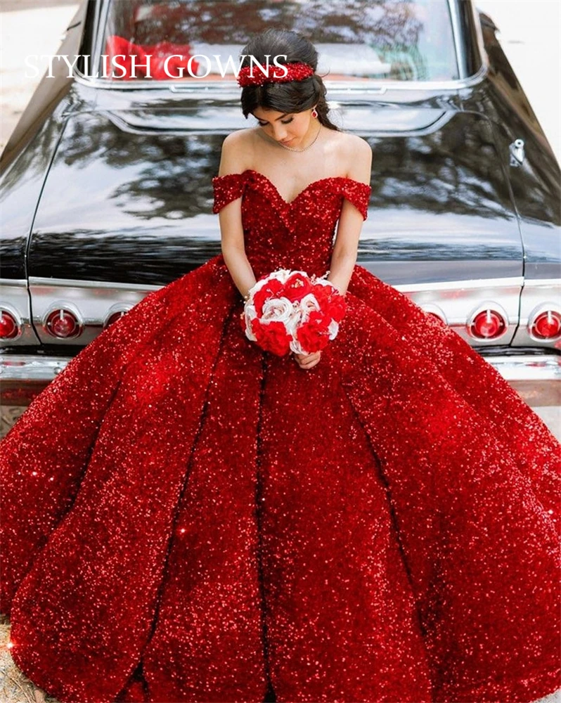 Луксозно Блестящо Червено Бална Рокля Quinceanera Dresses 2023 С Открити Рамене, на няколко Нива, Вечерни Рокли За Абитуриентски бал, Бродирани с пайети, Vestidos De 15 Años