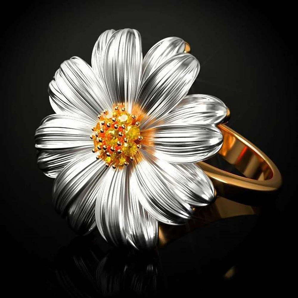 Луксозно два тона пръстен с малки маргаритками и подсолнухом за жени, модерен пръстен на пръста си с цвете на Слънцето, циркон, женски украси за партита