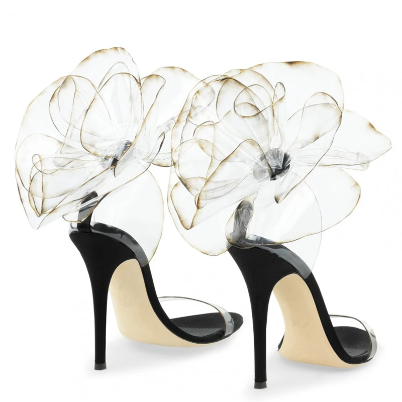 Лък за банкет дамски летни сандали на висок ток от прозрачно PVC с цветя на женските сватбени обувки с 3D цветен модел размер 42