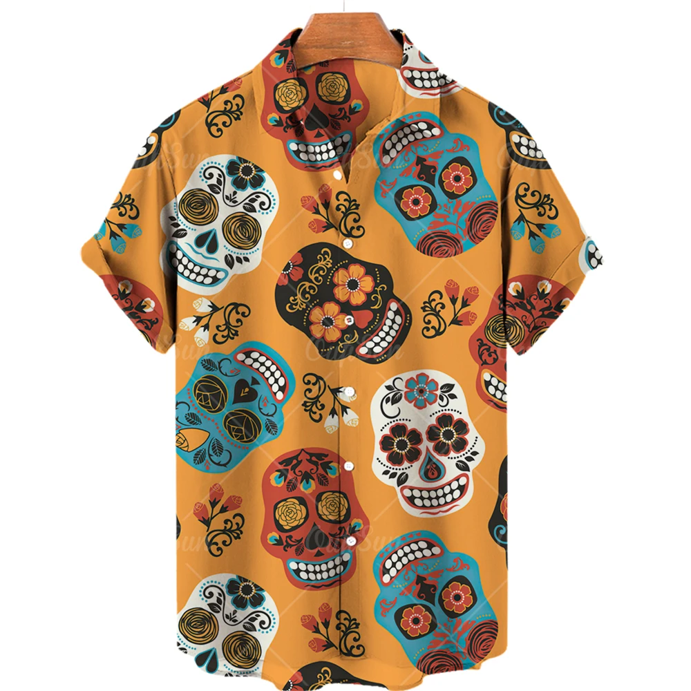Лятно хавайско мъжка риза с 3D принтом 2023, женска риза с къс ръкав и шарките на черепа голям размер, Дишаща мъжка риза 5XL