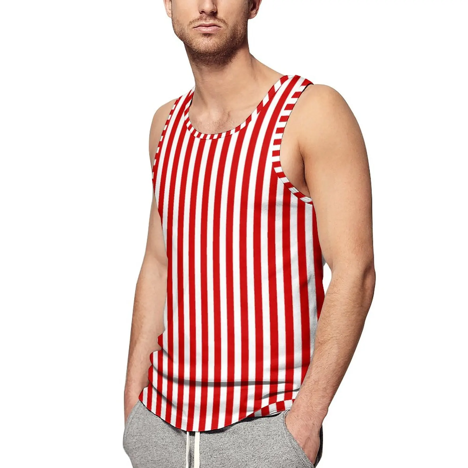 Майк Candy Stripes, Мъжки Блузи в Червената и Бяла Ивица, Плажен Модел, Модерен Риза Без Ръкави Оверсайз За Фитнес зала