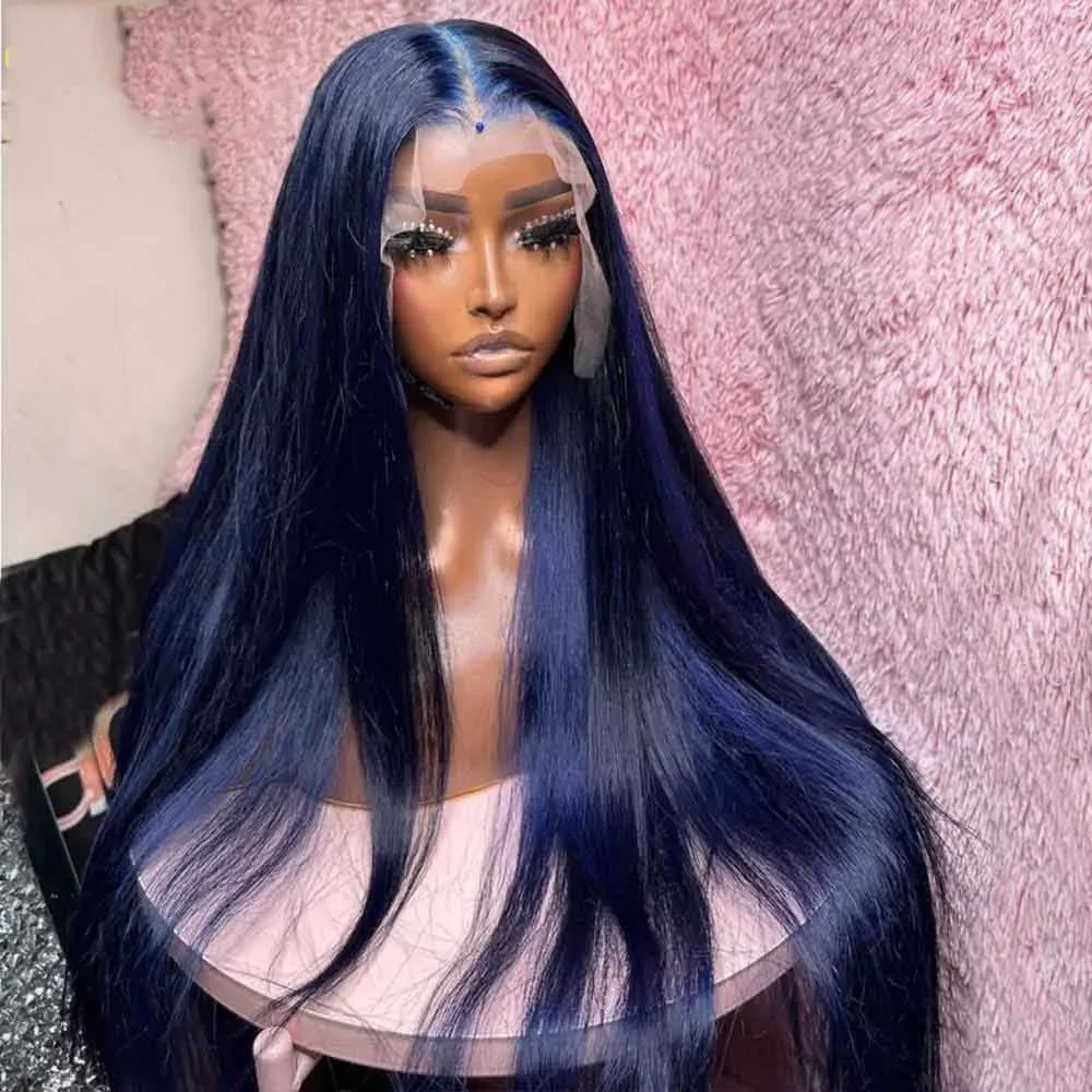 Мек Натурален бесклеевой синьо копринено перука с директни връзки с дължина 26 инча 180% плътност за жени BabyHair, предварително выщипанные ежедневни перуки за cosplay
