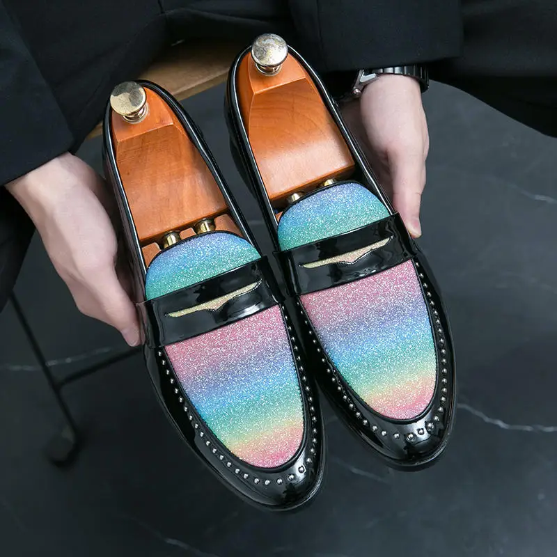 Многоцветни джентльменские модела обувки В Английски стил, Луксозни и Лъскави Лоферы От лачена кожа, Мъжки Модни Ежедневни Мъжки Официални обувки Без закопчалка