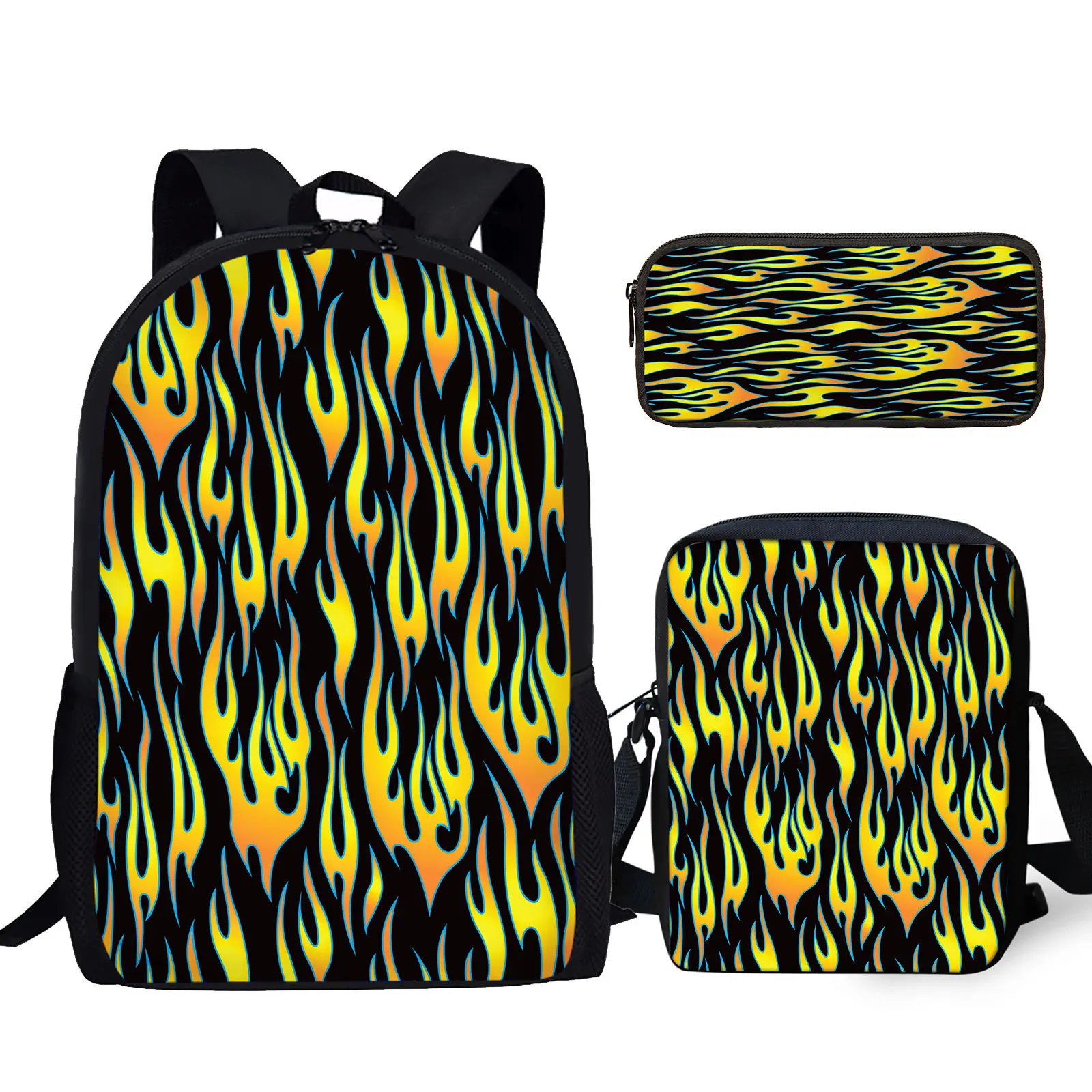 Модерен зелен cartoony огнен 3D принт YIKELUO, удобна раница с регулируеми пагон, чанта-месинджър за тийнейджър