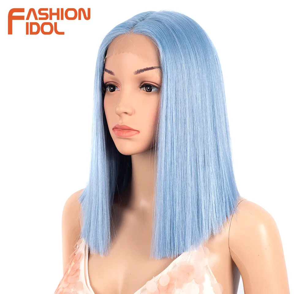 МОДЕРЕН перуки IDOL с директен каре, синтетични дантела перуки, със сини средната част на омбре, за жени, къси перуки за cosplay дължина до раменете 14 инча