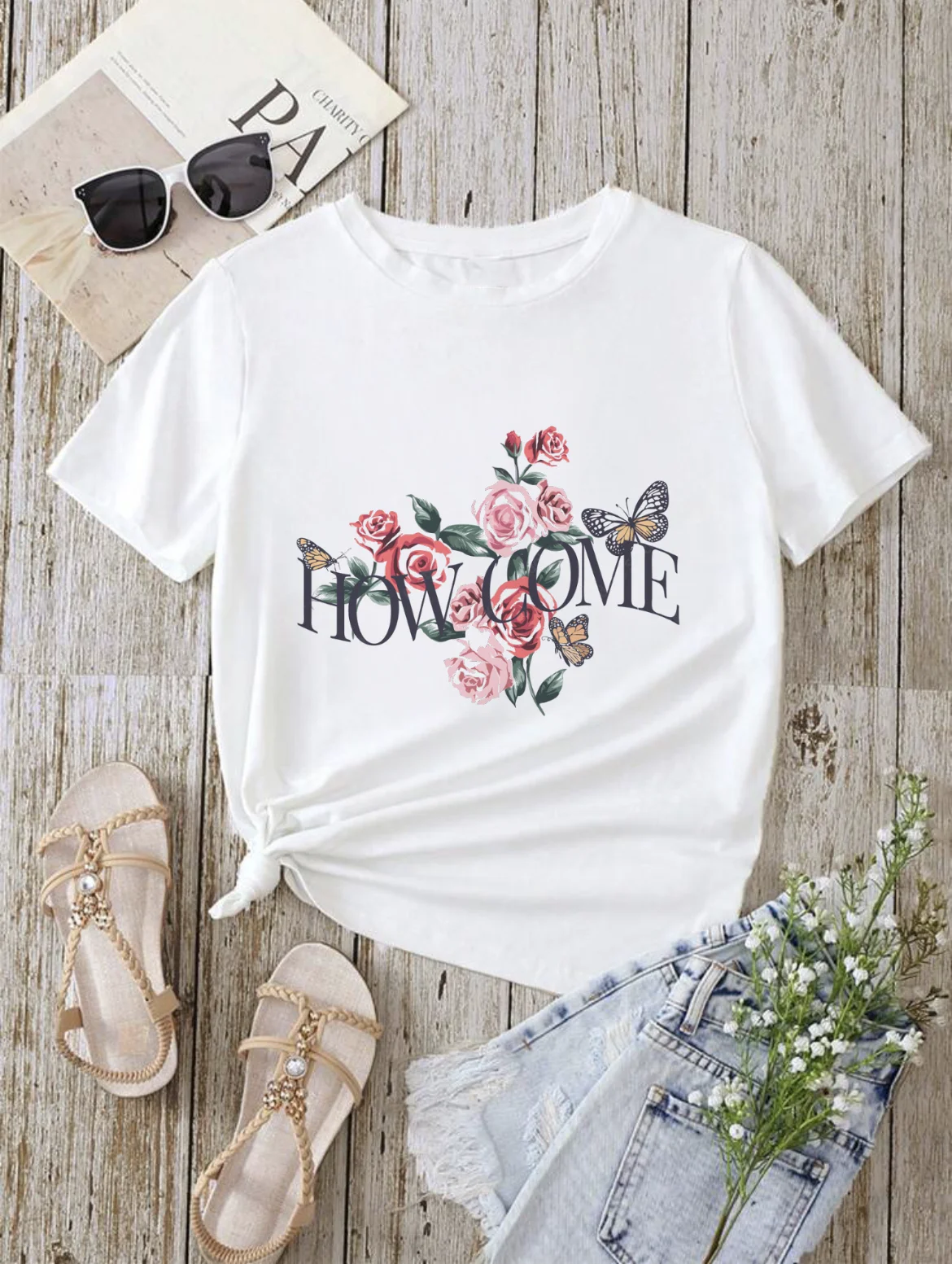 Модна тениска с принтом и писмото принтом във формата на пеперуда, Модни скъпа дамски ежедневни универсална летни дрехи с къс ръкав, тениски