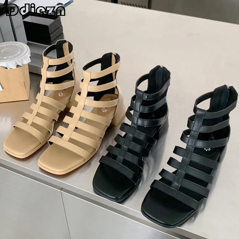Модни дамски сандали-гладиатори, Ботуши с цип, дамски обувки-лодка 2023, Лятна дамска черна ежедневни обувки на висок ток