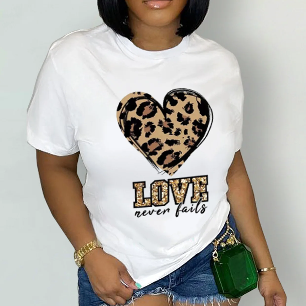 Модни дамски Секси тениска с леопардовым принтом във формата на Сърце, Къс ръкав, О-образно деколте Дамски Ежедневни Градинска Облекло, Графични Тениски Y2k, Harajuku, Розов