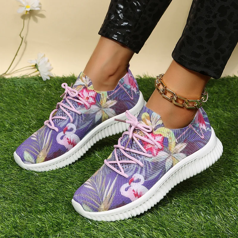 Модни маратонки за жени, ежедневни обувки дантела с флорални принтом, градинска дишащи обувки за бягане, дамско вулканизированная обувки голям размер