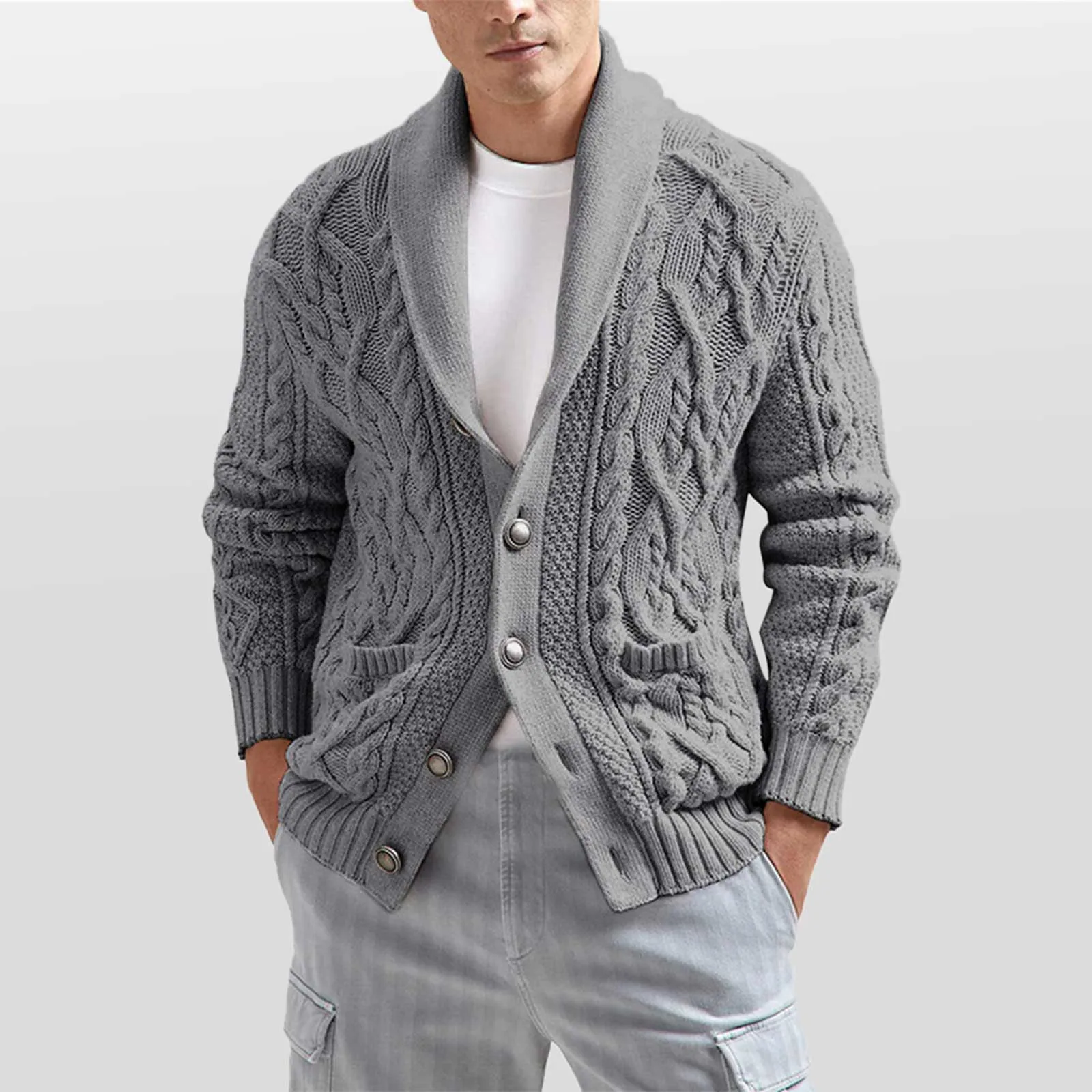 Мъжката есенно-зимния монофонични жилетка, пуловер, яке, Ежедневни градинска облекло с дълги ръкави и джобове, мъжки дрехи, в ретро стил