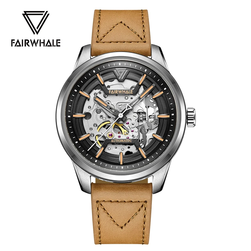 Мъжки автоматичен часовник Mark Fairwhale 42,5 мм Луксозни Механични ръчни часовници 30-метров Водоустойчив Светещи кожена каишка с виртуален скелет