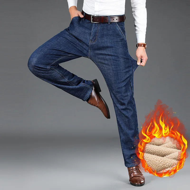 Мъжки дънки, зимни нови топли директни флисовые изолирана дълги дънкови панталони, с високо качество на ежедневните модни панталони