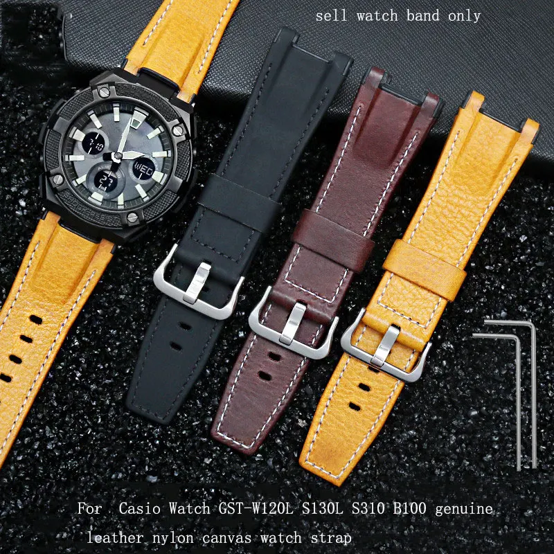 Мъжки каишка за часовник, подходящ за G-SHOCK на Casio серия GST-В100/стилен компактен дизайн, w300/410/S100 от естествена кожа, найлон платно каишка за часовника 26 мм