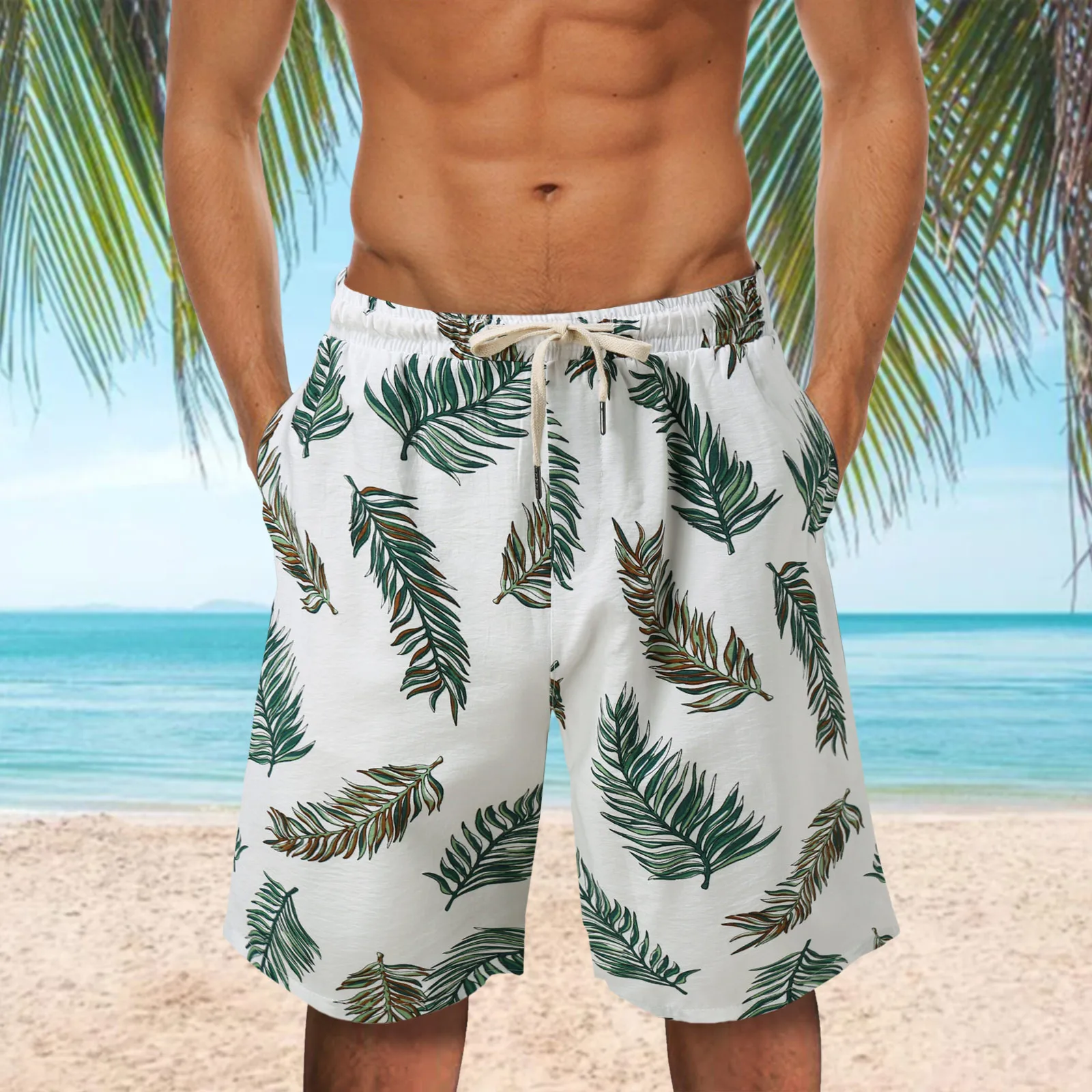 Мъжки летни къси панталони с принтом Хавайски листа Удобни топене Плажни бански с 3D-принтом Мъжки бански за сърф