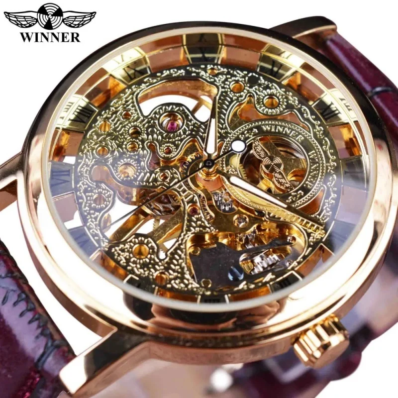 Мъжки механичен часовник Winner, хит на продажбите, ежедневни кафяви модерен часовник на колана