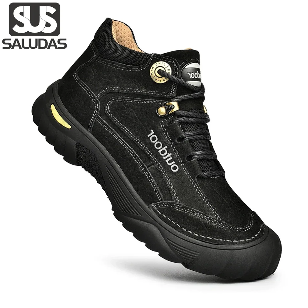 Мъжки обувки SALUDAS от естествена кожа, градинска водоустойчив туризъм обувки, Мини и износоустойчивост обувки с висок берцем, зимни маратонки