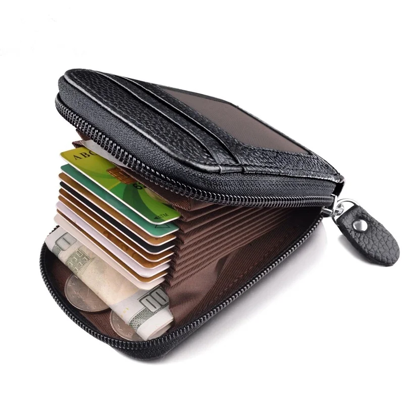 Мъжки портфейл от естествена кожа, държач за кредитни карти, RFID-блокери джоб с цип, мъжка чанта с цип с няколко карти
