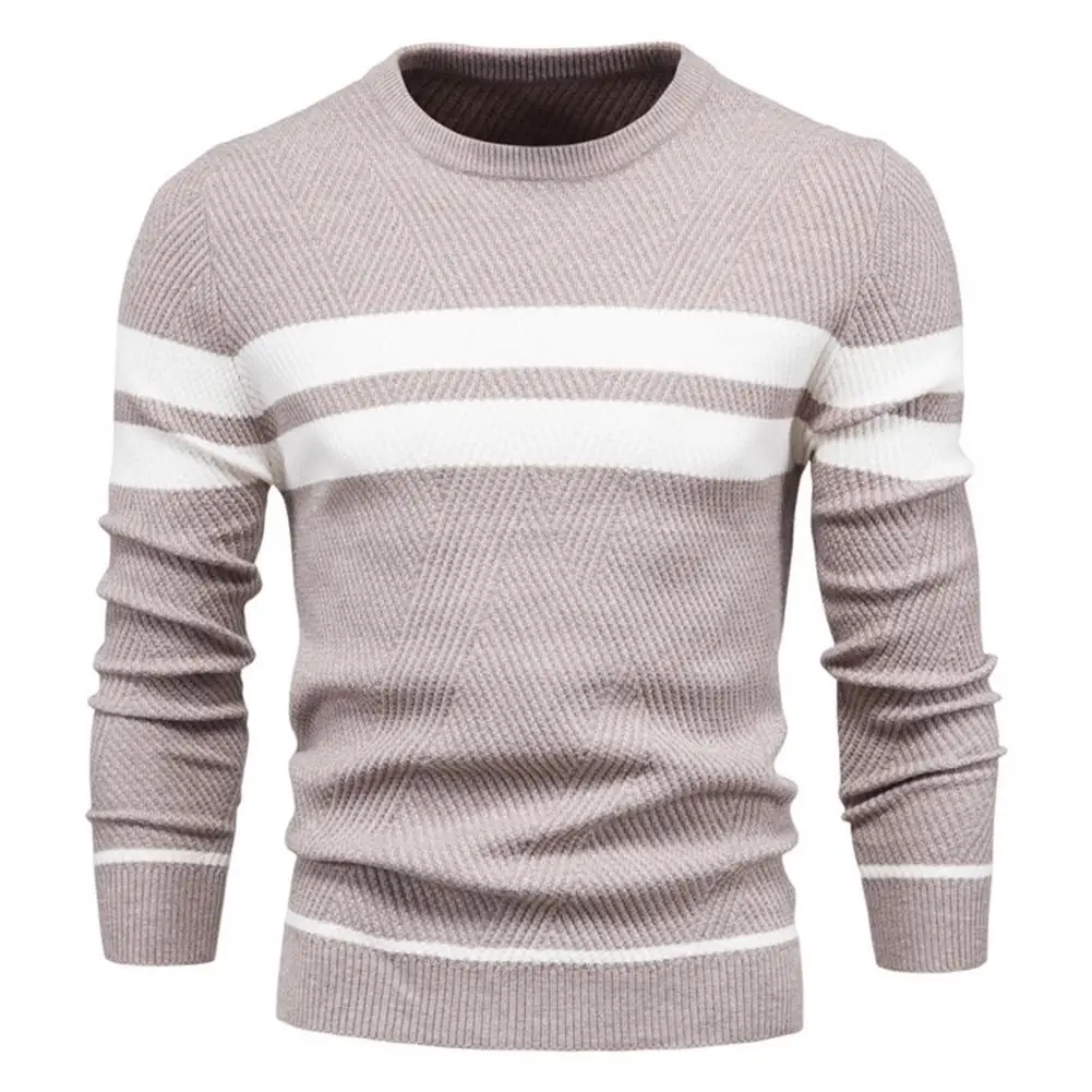 Мъжки пуловер с кръгло деколте, пуловер с дълъг ръкав, райе принт, топли възли върхове, есен-зима 2023 г.