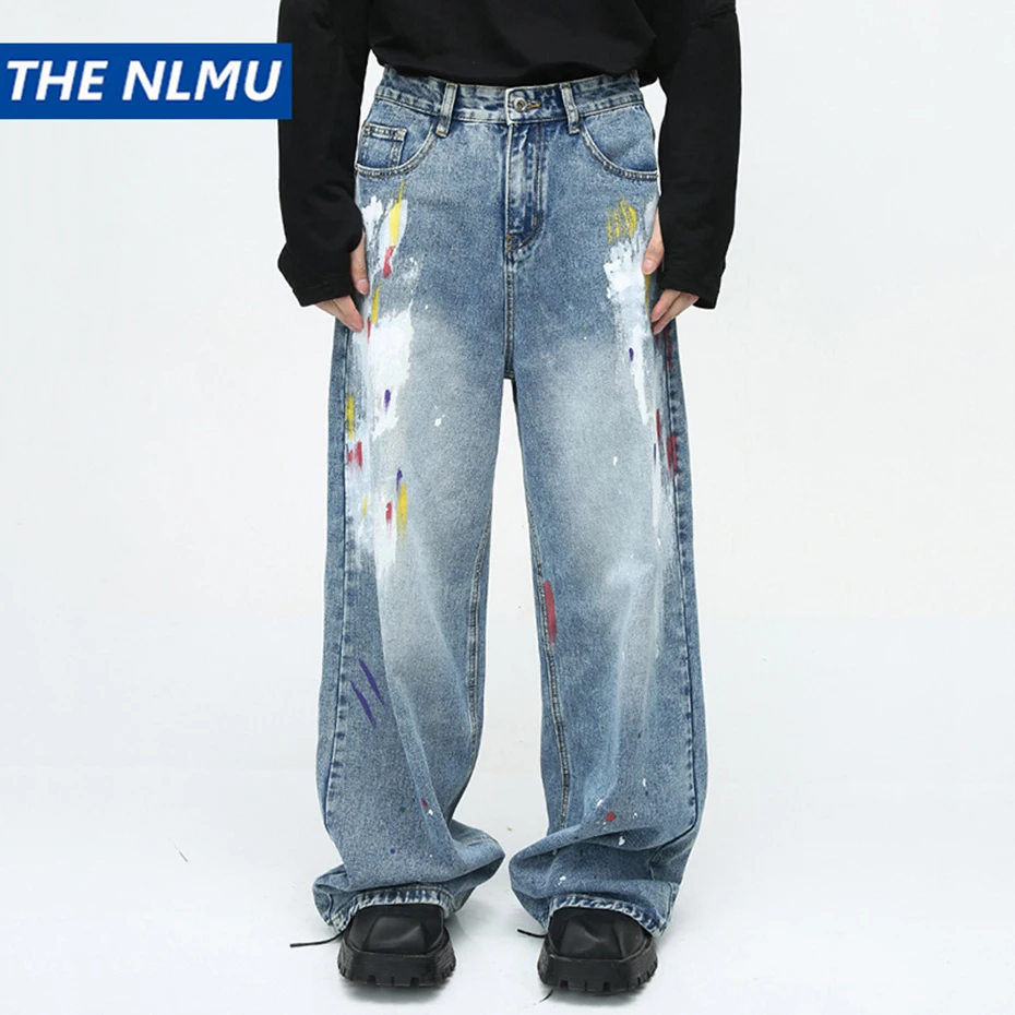 Мъжки сини широки дънки Paint Graffiti Свободни Преки дънкови панталони 2023 Мъжки ежедневни дънки в стил хип-хоп оверсайз