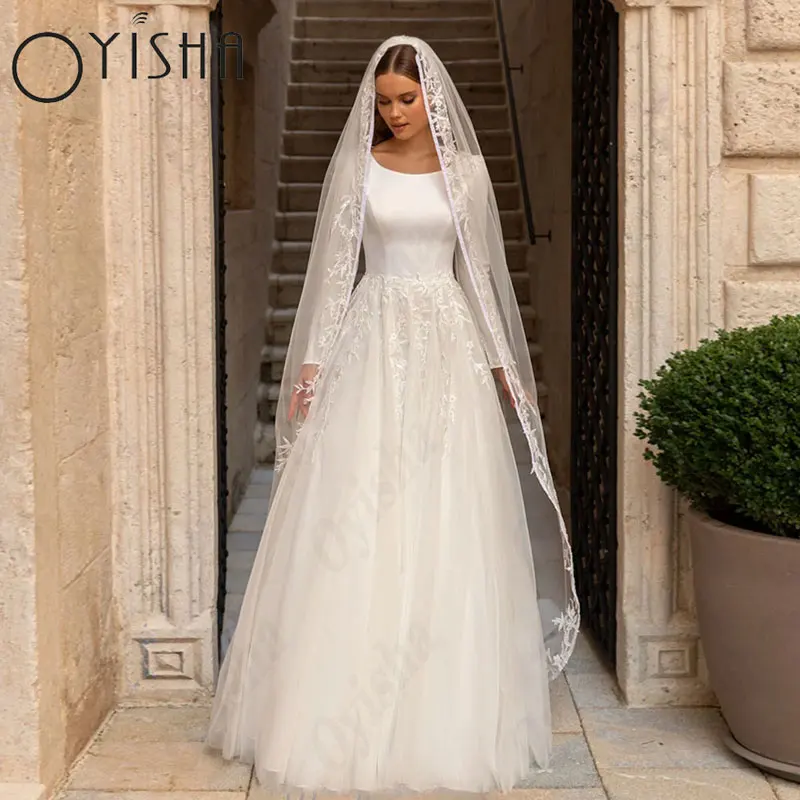 Мюсюлмански булчински рокли от овалния тюл OYISHA трапецовидна форма, с дълги ръкави, бели сватбени рокли за жени, класически булчински рокли с аппликацией