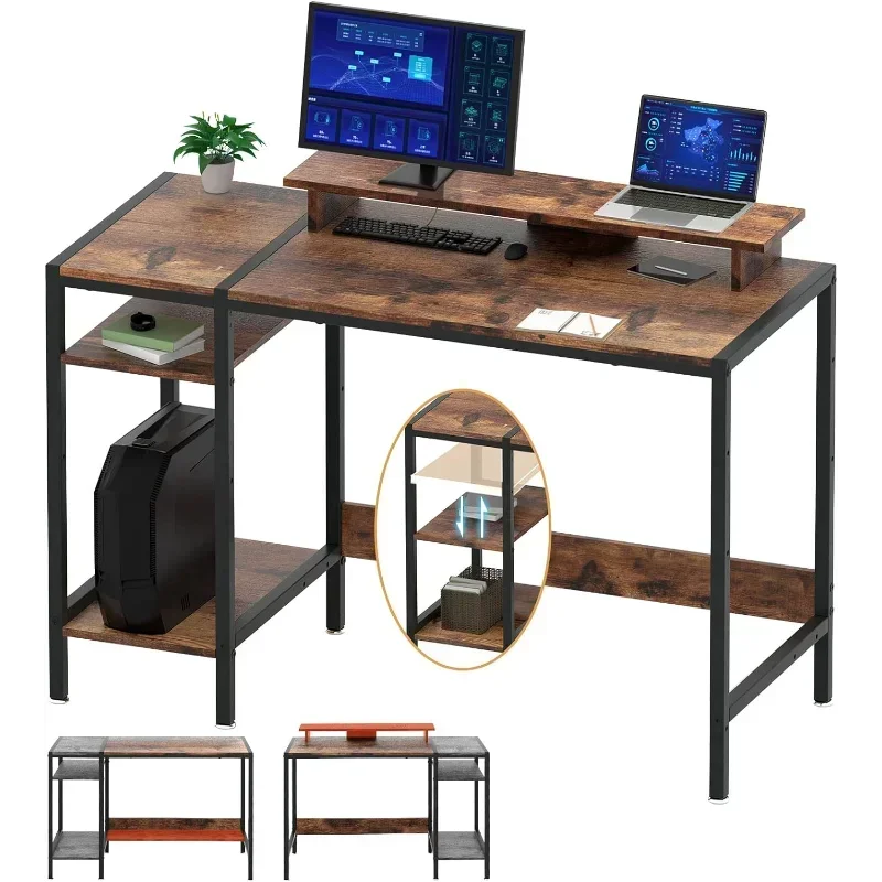 На игралната маса, домашен офис бюро с място за съхранение, Малка маса с поставка за монитор, регулируема място за съхранение, ъглово бюро с модерен дизайн