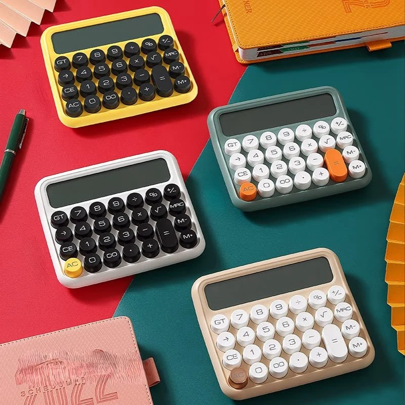 Настолен калкулатор с механичен ключ от 12 цифри, калкулатор с голям LCD дисплей бежов цвят