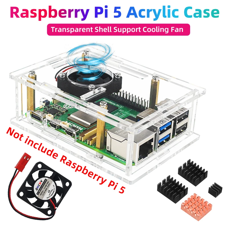 Нов акрилен корпус Raspberry Pi 5, прозрачен корпус, Допълнителен вентилатор за охлаждане, медно-алуминиеви радиатора за Pi 5