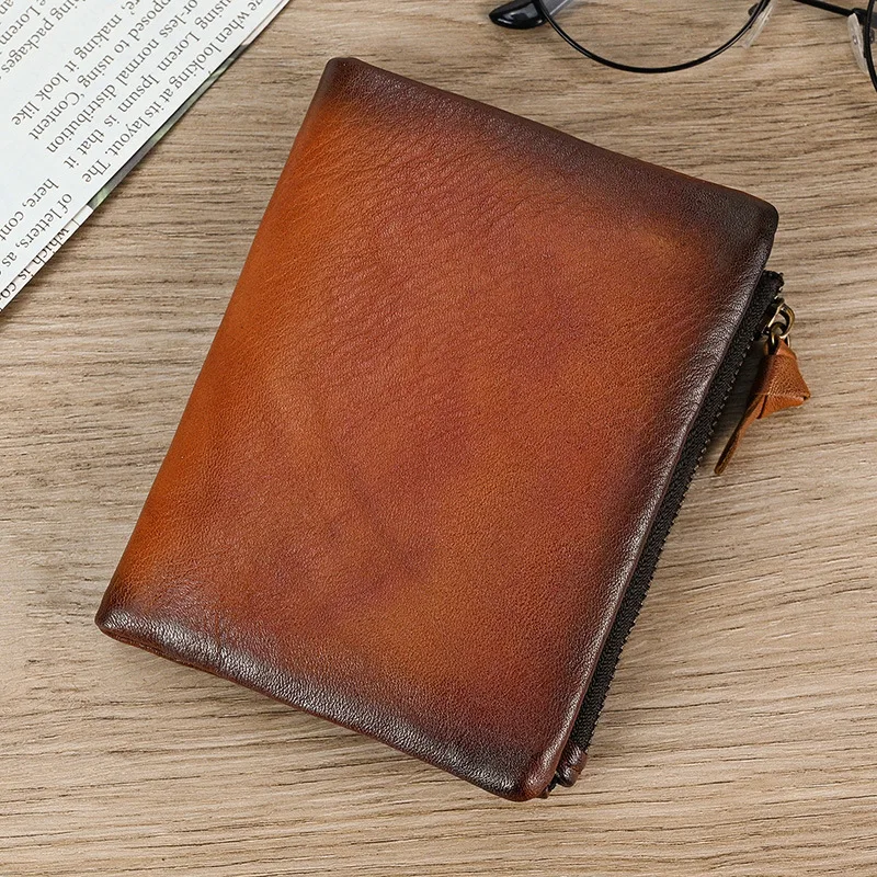 Нов модерен кратък мъжки портфейл от естествена телешка кожа с множество джобове, висококачествени мъжки портфейл, държач за карти, чанта, портмоне с цип
