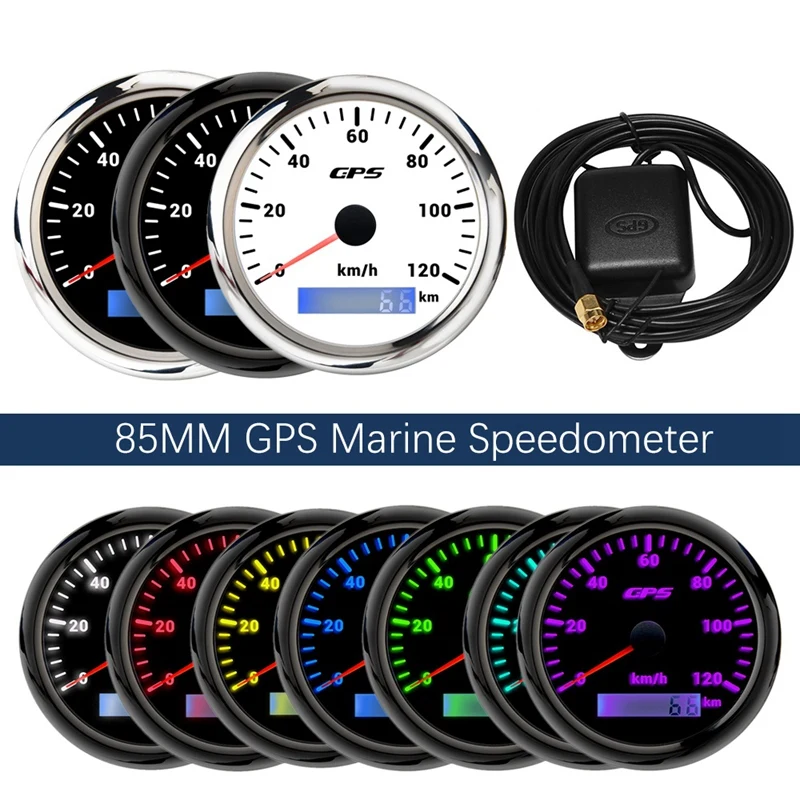 Нов морски скоростомер с GPS диаметър 85 мм, скоростомер 0-120 км/ч, дигитален километраж със 7-цветна подсветка за яхти и лодки