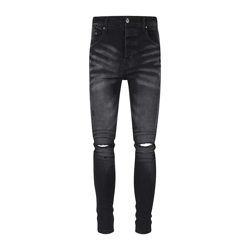 Нов прием на мъжки модни черни скъсани джинси с дупки на коленете, изрязани с нож, мъжки и дамски дънкови панталони за мъже, високи улични дънкови панталони за мъже