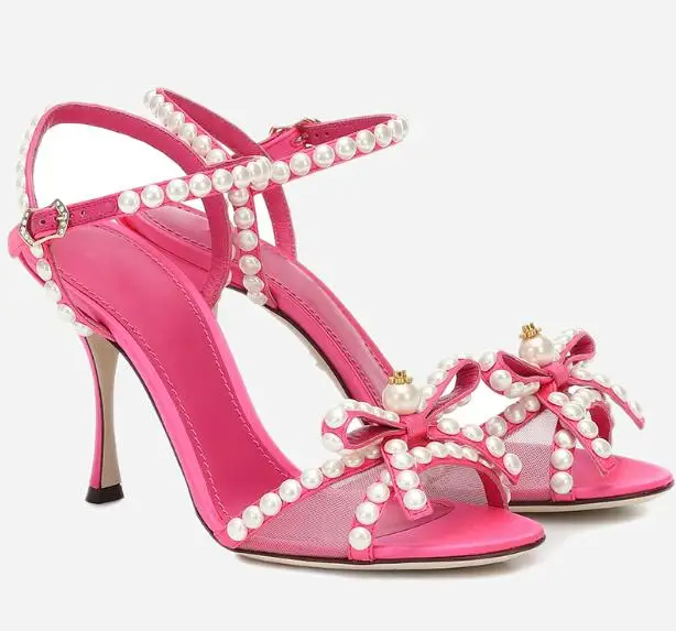 Нови дамски сандали с декорация от розово-червено перла, модерен дизайнерски дантелени дамски обувки-лодка с възел пеперуди, пикантни женски обувки за банкет с възел на пеперуди
