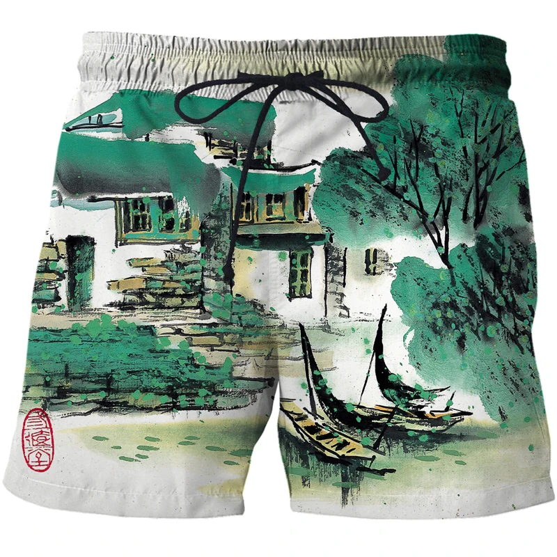 Нови топене, ежедневни, плажни панталони с 3D печат, мъжки къси панталони за фитнес, удобни шорти за рисуване китайска четка, модерни спортни панталони