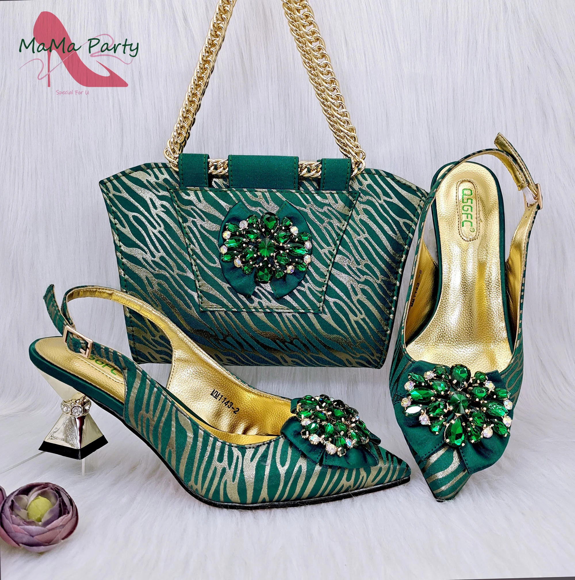 Новост 2023 г., комплект дамски обувки и чанта в тъмно зелен цвят, сандали с остри пръсти, топла разпродажба, специални приходи за парти в градината