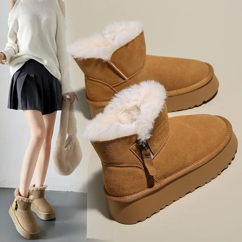 Новост зимата 2023 г., дамски зимни ботуши с дебела страничен цип, плюшени изолирана топли памучни обувки tide
