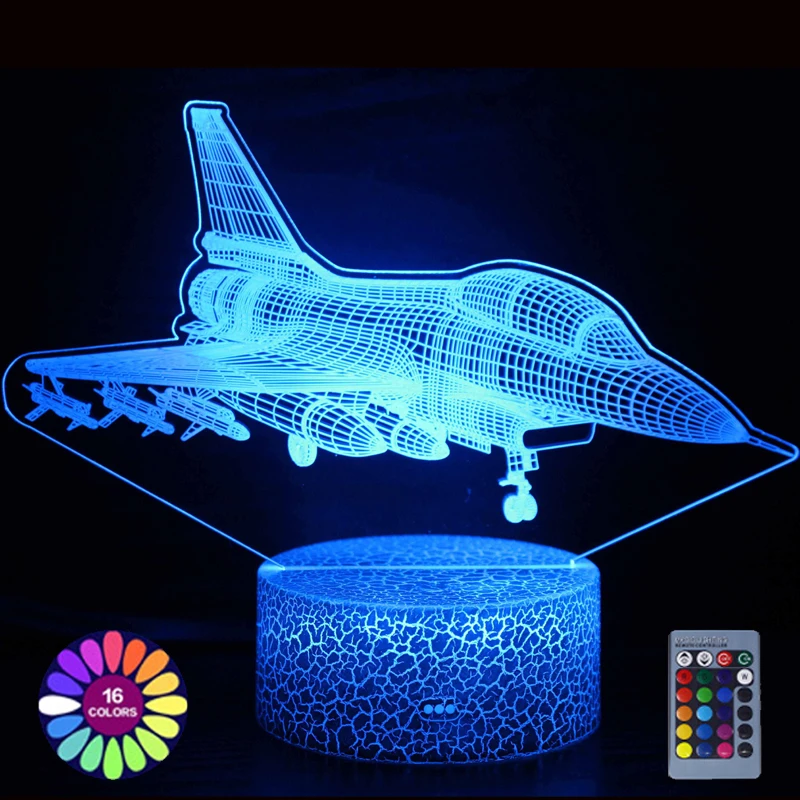 Нощна лампа Battle Plane с едно докосване на дистанционното управление, 16 цвята, led настолна лампа, USB батерия, интериор за спални, 3D лампа, креативни подаръци