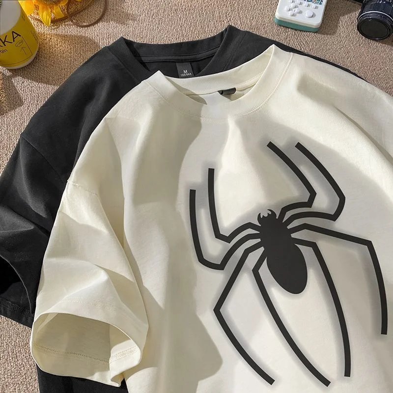 Обикновена тениска с принтом High Street Big Black Spider Тъмно сиви памучни Мъжки блузи Оверсайз Летни Ежедневни Тениски с графичен модел с къс ръкав